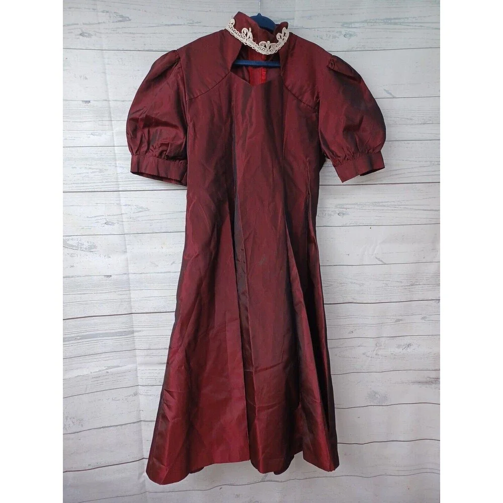 Vtg Girl Red Burgundy Taffeta Dress Gown Iridiscent Sz 8 Handmade